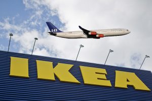 image shows Swedish SAS plane flying over Ikea