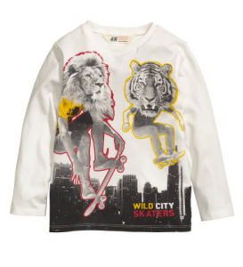 image shows shirt with two skateboarders that have the faces of a lion and a tiger.