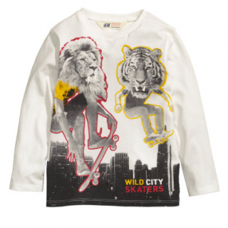image shows shirt with two skateboarders that have the faces of a lion and a tiger.