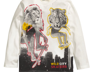 image shows shirt with two skateboarders that have the faces of a lion and a tiger.
