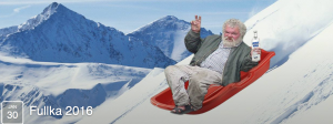 image shows drunk man riding on a sled