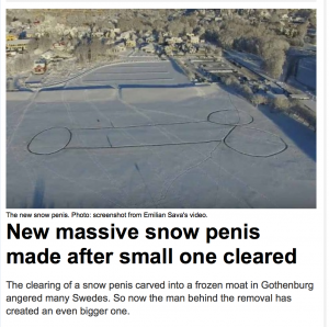 image shows headline from Swedish paper about a massive snow penis drawn on a lake