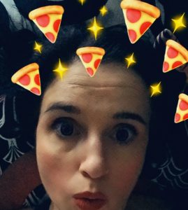 image shows girl with pizzas around head