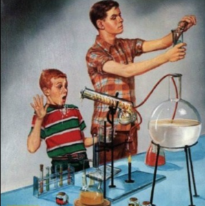 image shows man and son doing science