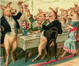 image shows victorian card of pigs without pants