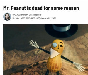 image shows article about Mr. Peanut being dead