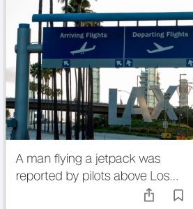 image shows news clip about a man flying a jetpack