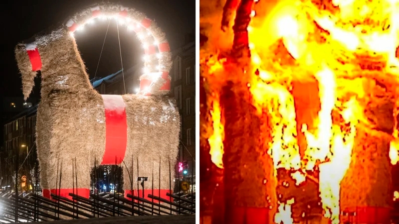 image shows the Swedish Christmas goat not on fire, and then on fire