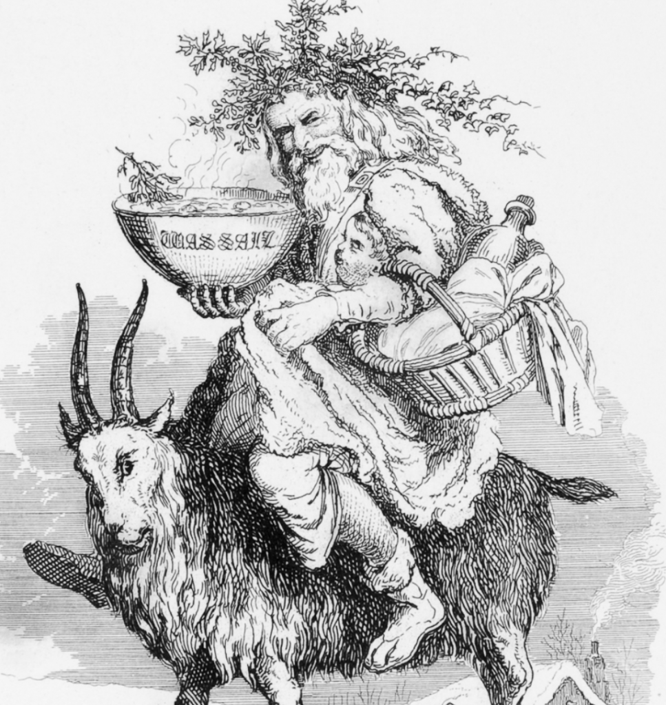 image shows scary Santa looking man riding a goat