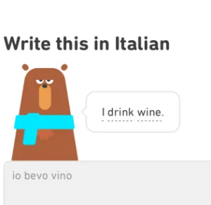 image shows the duolingo bear encouraging people to drink wine in Italian