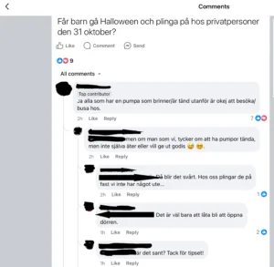 image shows comment feed on Facebook discussing whether kids can trick or treat in a Swedish neighborhood