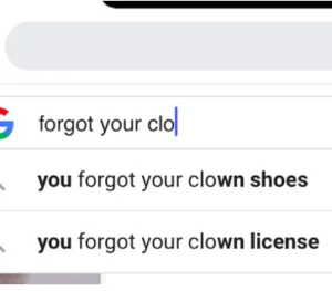 image shows google search about clown shoes