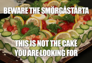 image shows the smörgåstårta or Swedish sandwich cake